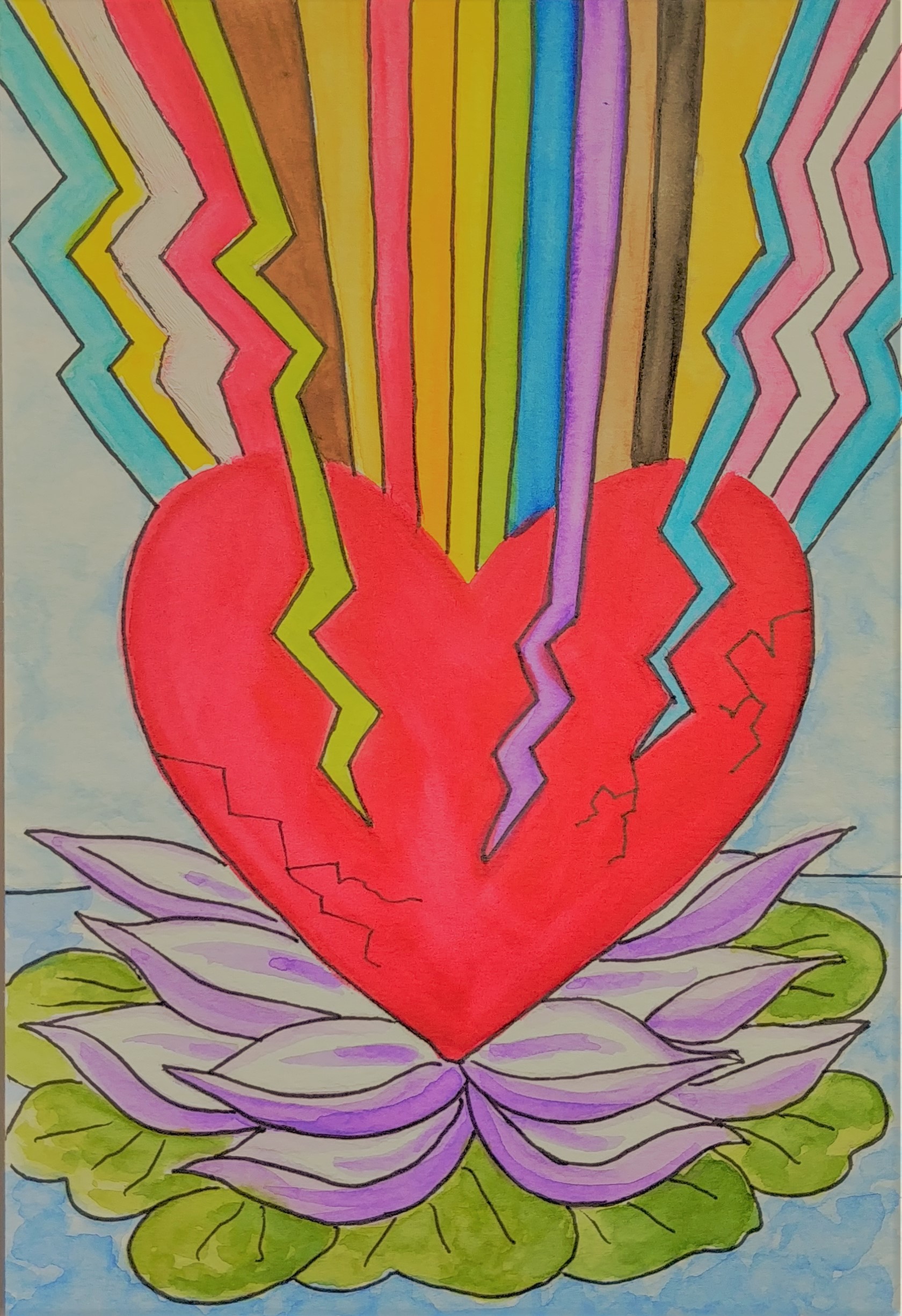 Watercolour painting of heart with cracks sitting atop a lotus flower. From the cracks of the heart are rainbow-coloured rays representing the disability pride flag, the pride flag, and the trans flag joined together and united by rays of blacks and browns
(Artist's Instagram @tumma.lumma